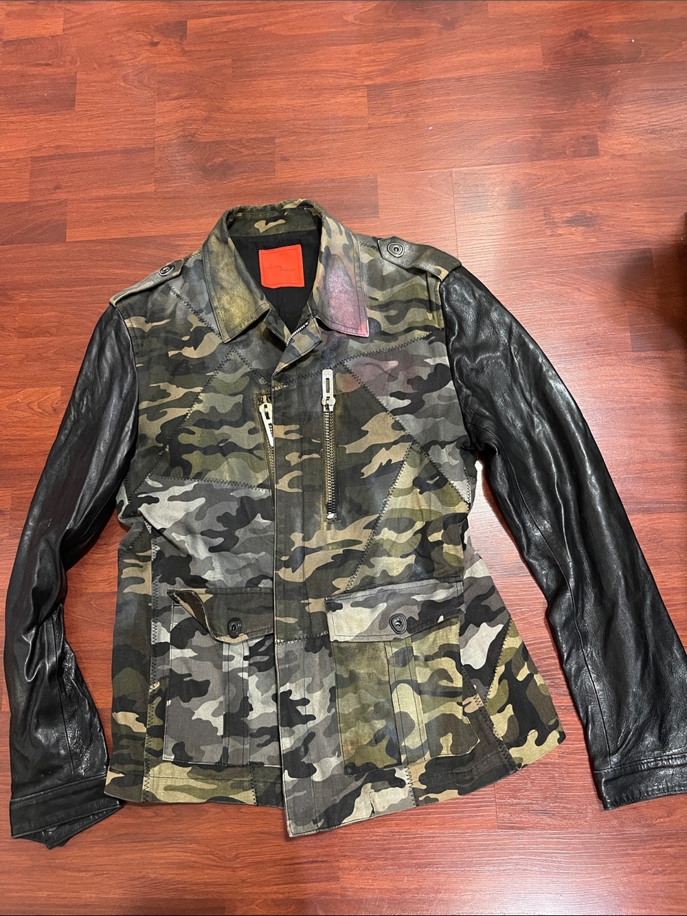 Men's Camouflage Field Jacket with Black Leather Sleeves